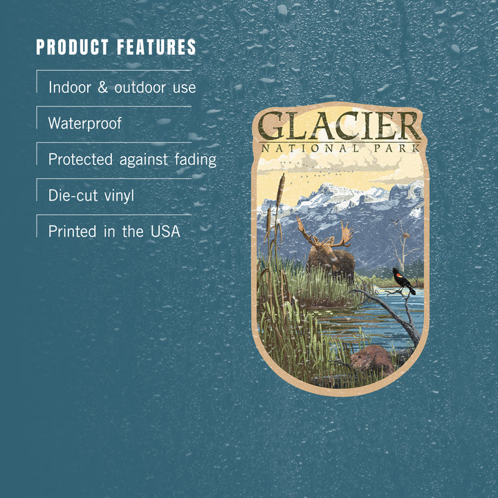 Glacier National Park, Montana, Mountain & Marsh Scene, Contour, Lantern Press Artwork, Vinyl Sticker