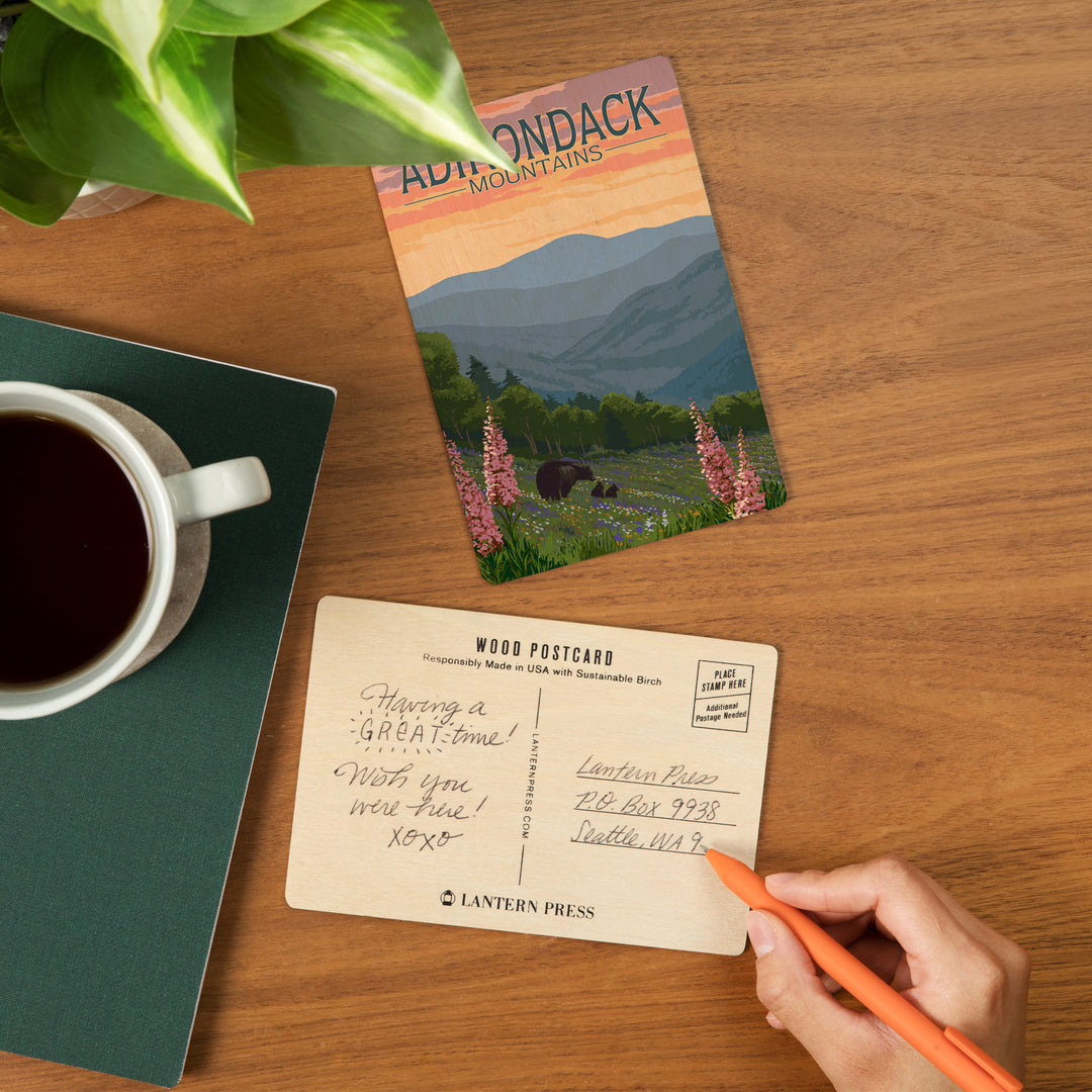Adirondack Mountains, New York, Bears and Spring, Wood Sign and Postcards