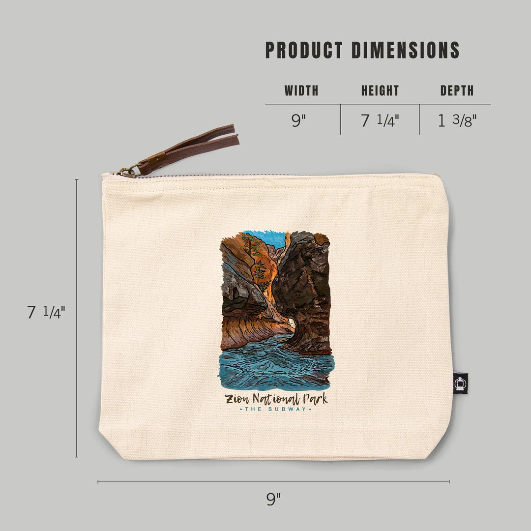 Zion National Park, Utah, Line Drawing, The Subway, Organic Cotton Zipper Pouch, Go Bag