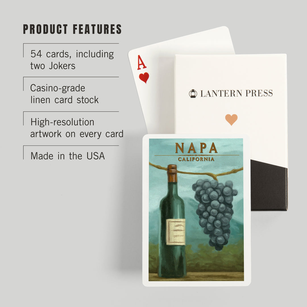 Playing Cards, Napa, California, Blue Grapes and Wine Bottle, Oil Painting, 52 Card Deck with Jokers in Box, Unique Art