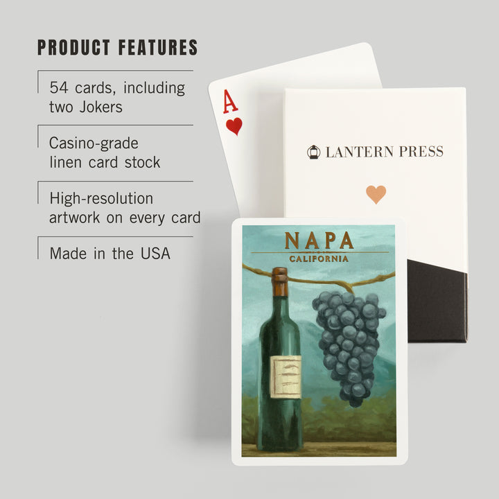 Playing Cards, Napa, California, Blue Grapes and Wine Bottle, Oil Painting, 52 Card Deck with Jokers in Box, Unique Art