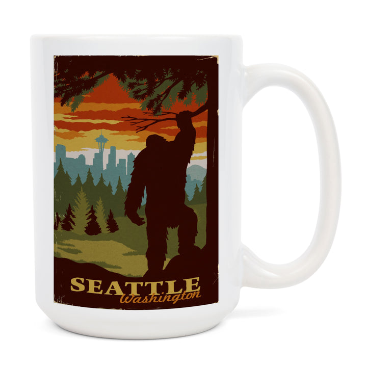 Seattle Skyline, Bigfoot, WPA Style, Lantern Press Artwork, Ceramic Mug