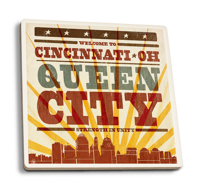 Cincinnati, Ohio, Skyline and Sunburst Screenprint Style, Coaster Set