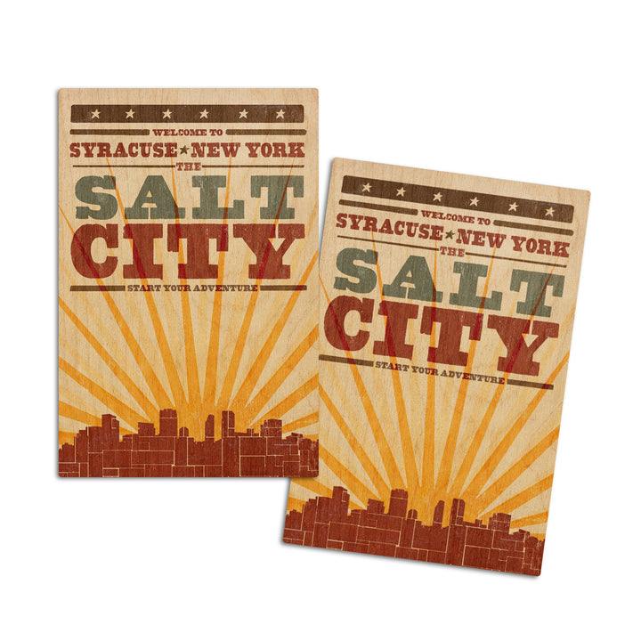 Syracuse, New York, Skyline & Sunburst Screenprint Style, Lantern Press Artwork, Wood Signs and Postcards