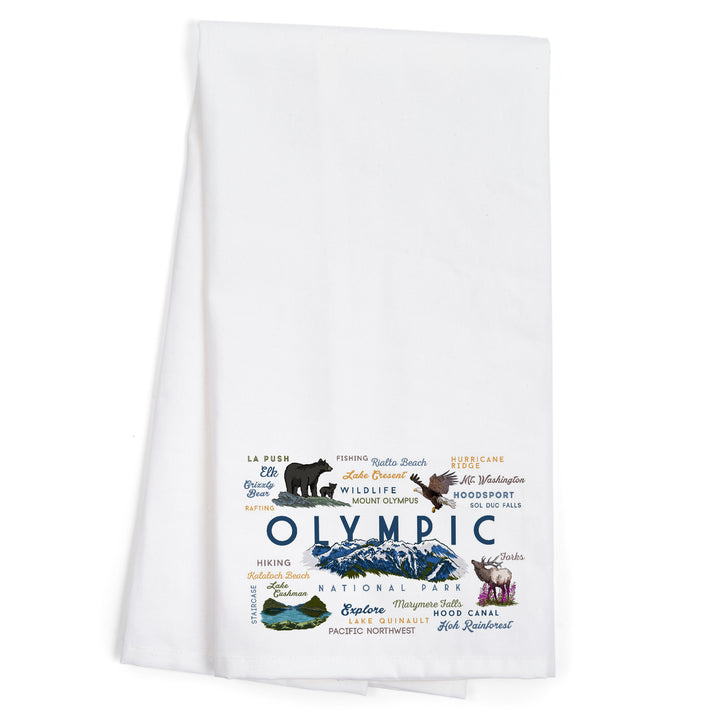 Olympic National Park, Washington, Mountain Range, Typography and Icons, Organic Cotton Kitchen Tea Towels