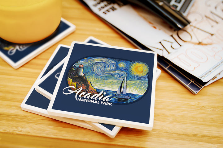 Acadia National Park, Maine, Bass Harbor Lighthouse, Starry Night, Contour, Coaster Set