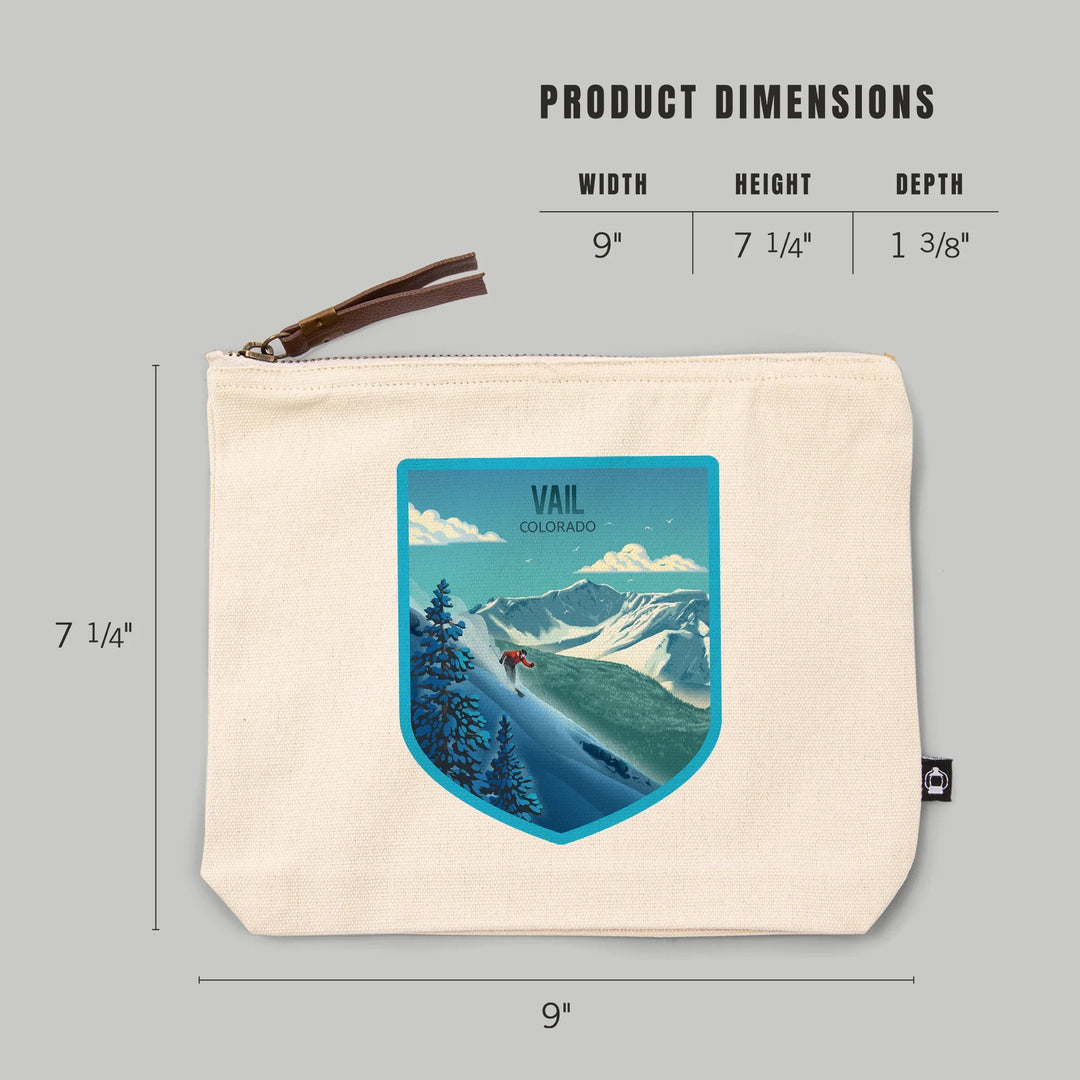 Vail, Colorado, Lithograph, Downhill Skier, Organic Cotton Zipper Pouch, Go Bag