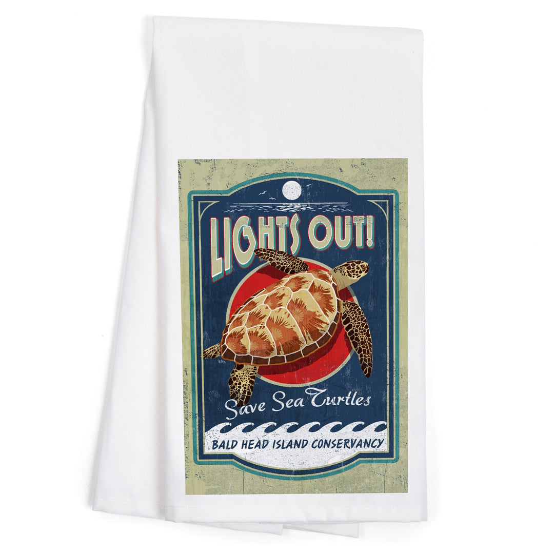 Bald Head Island, North Carolina, Lights Out, Sea Turtle Vintage Sign, Contour, Organic Cotton Kitchen Tea Towels