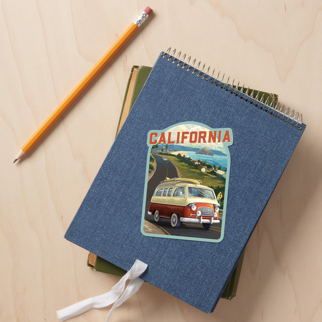 California, Camper Van, Ocean, Contour, Vinyl Sticker - Lantern Press