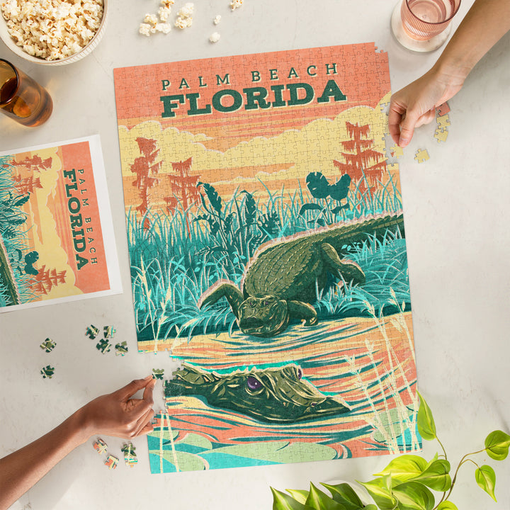Palm Beach, Florida, Alligator, Vintage Print Press, Jigsaw Puzzle