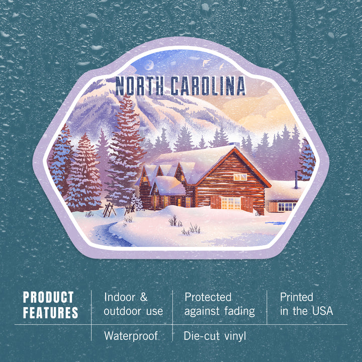 North Carolina, Lithograph, Mountain Lodge, Winter Scene, Vinyl Sticker