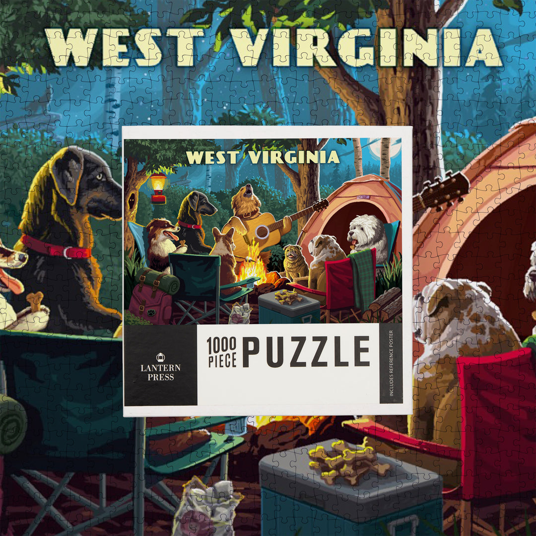 West Virginia, Painterly, Pack Life, Dogs Around Campfire, Jigsaw Puzzle