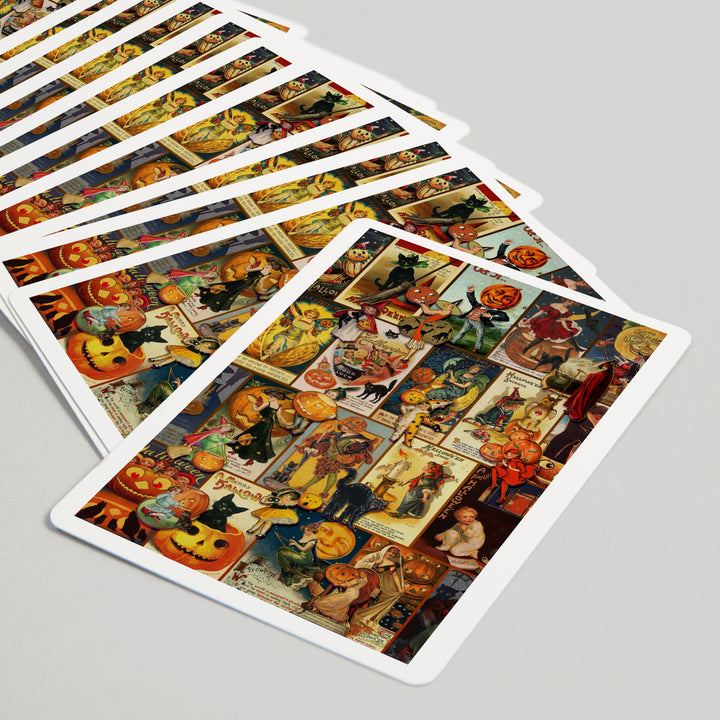 Playing Cards, Vintage Halloween Postcard Collage, 52 Card Deck with Jokers in Box, Unique Art