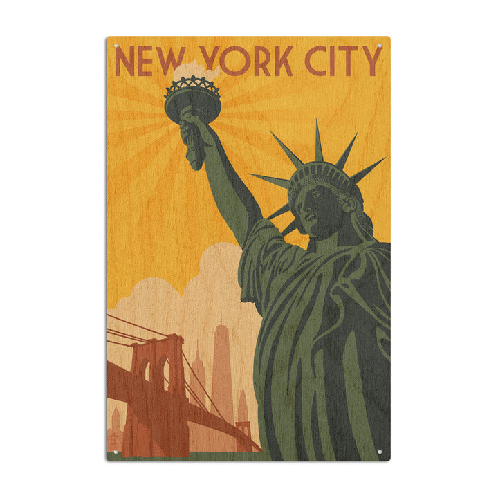 New York, Statue of Liberty & Bridge, Lantern Press Artwork, Wood Signs and Postcards