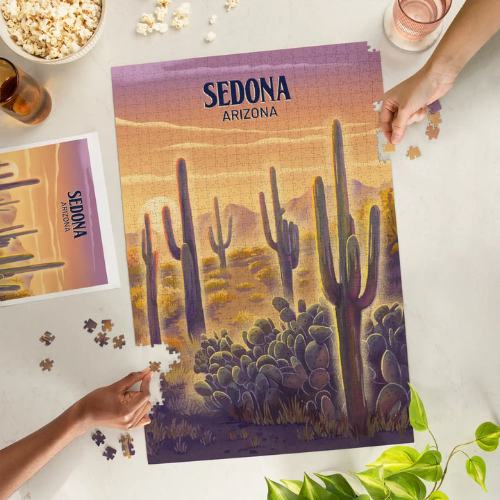 Sedona, Arizona, Lithograph, Cactus and Sunset, Jigsaw Puzzle