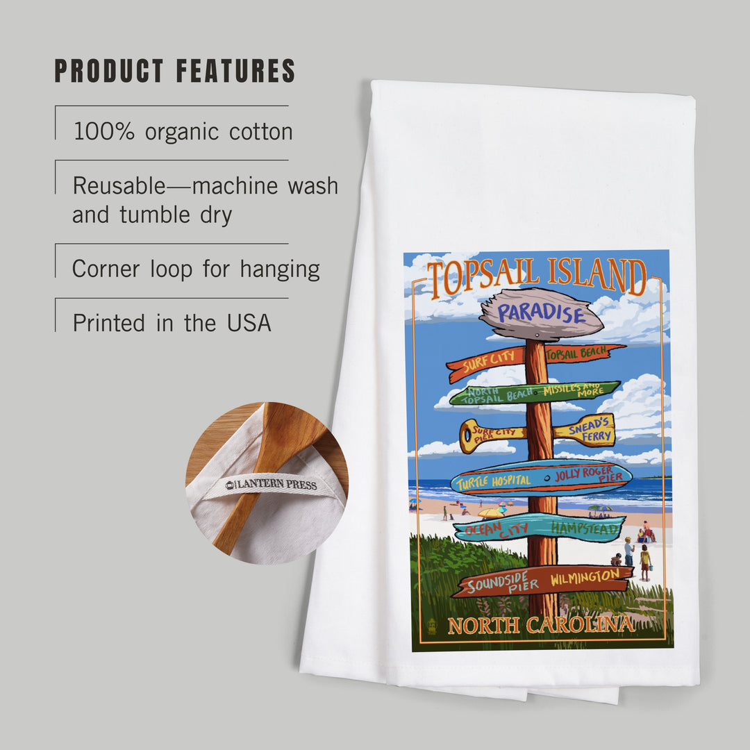Topsail Island, North Carolina, Destination Sign, Organic Cotton Kitchen Tea Towels