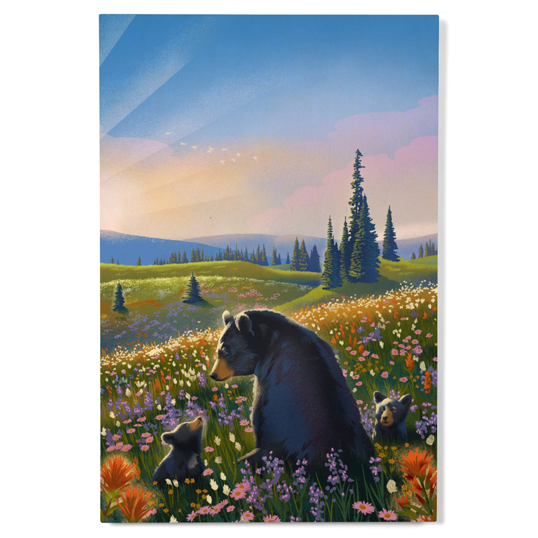 Lithograph, Bear Family in Field,, Wood Signs and Postcards