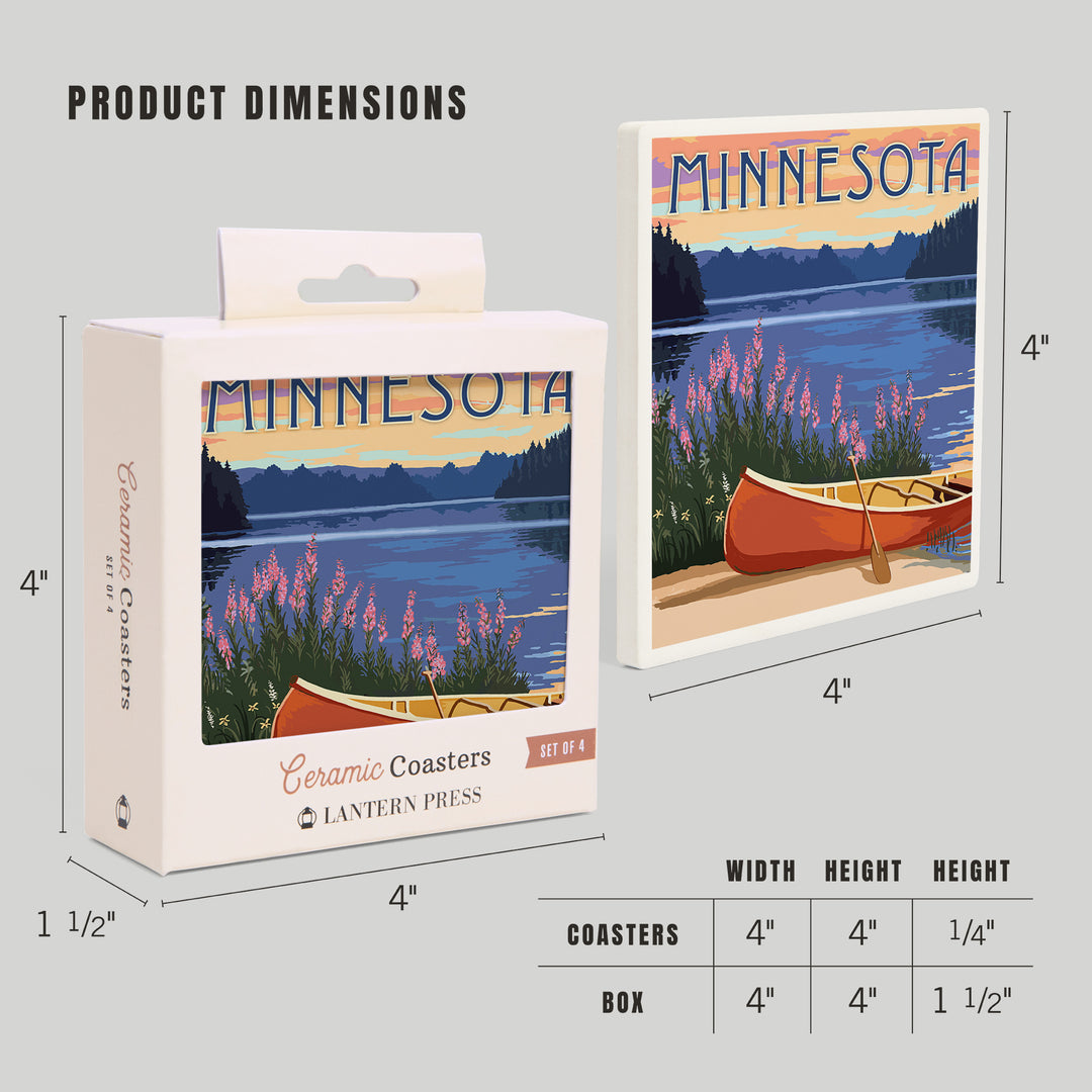 Minnesota, Canoe & Lake, Lantern Press Artwork, Coaster Set