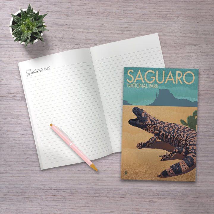 Lined 6x9 Journal, Saguaro National Park, Arizona, Gila Monster, Lithograph, Lay Flat, 193 Pages, FSC paper