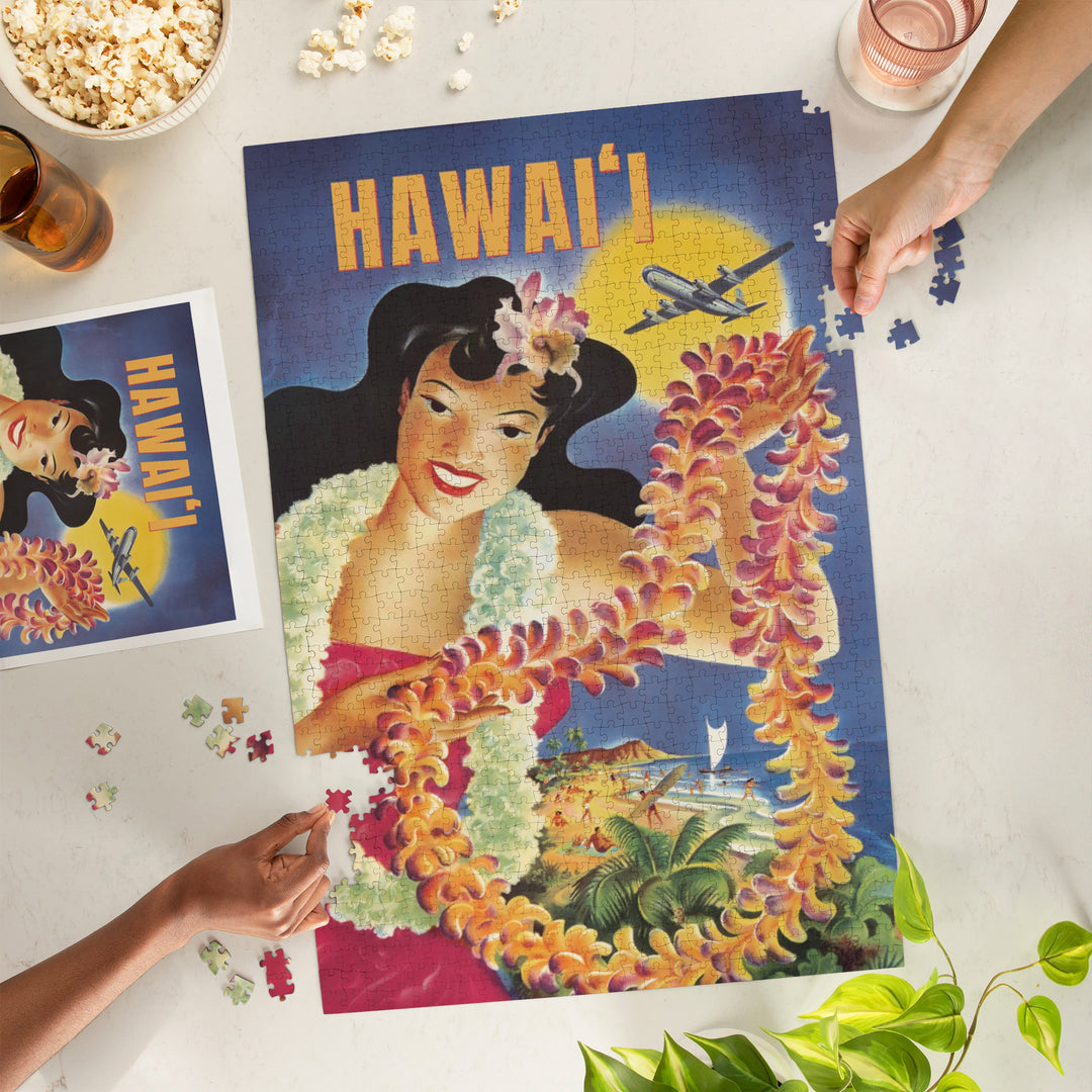 Hawaii, Vintage Beach and Lei, Jigsaw Puzzle