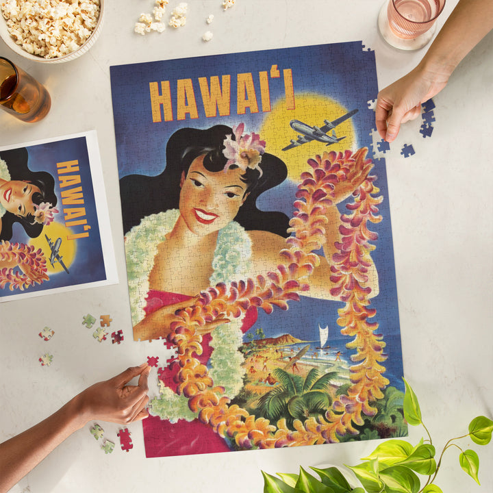 Hawaii, Vintage Beach and Lei, Jigsaw Puzzle