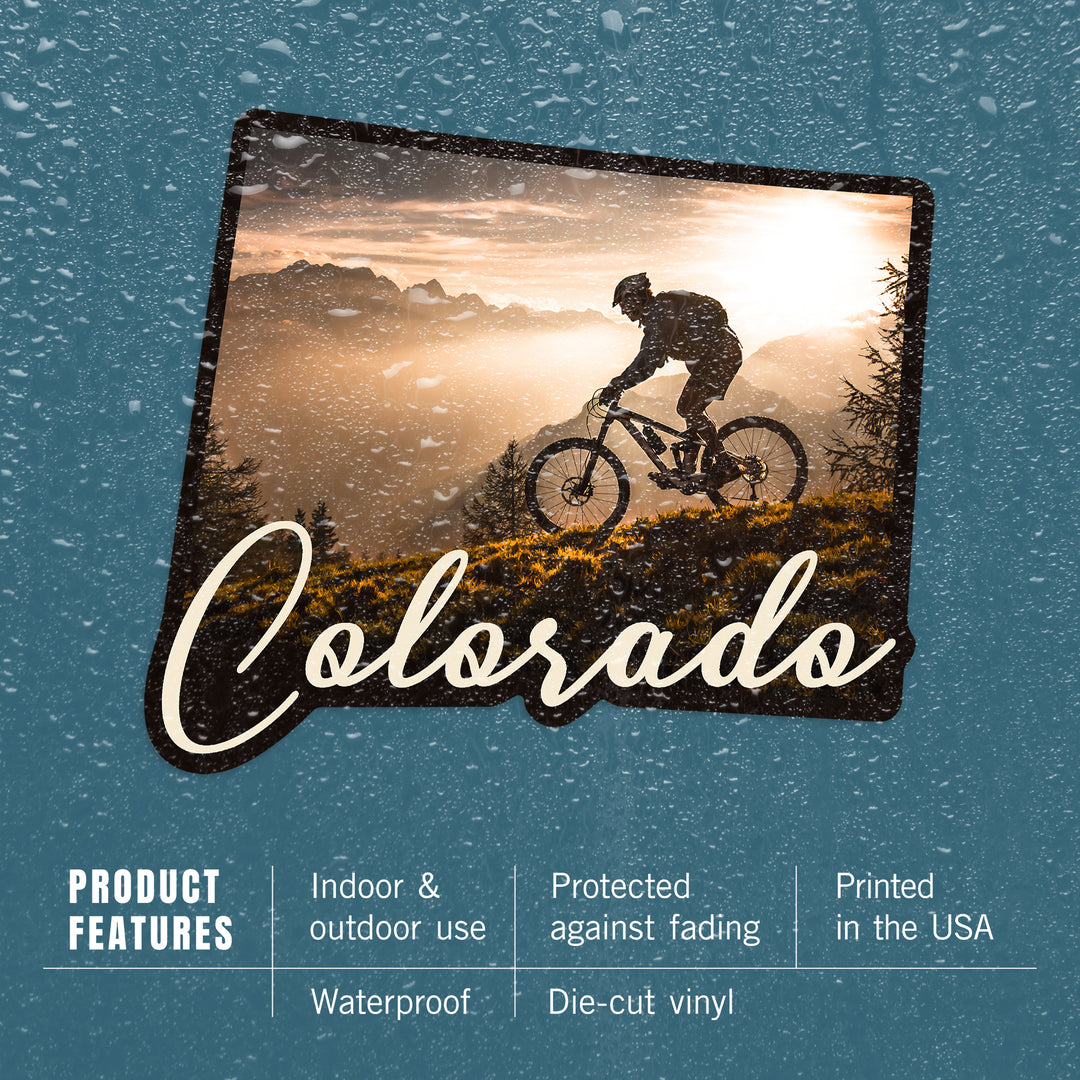 Colorado, Mountain Biker at Sunset, Contour, Vinyl Sticker