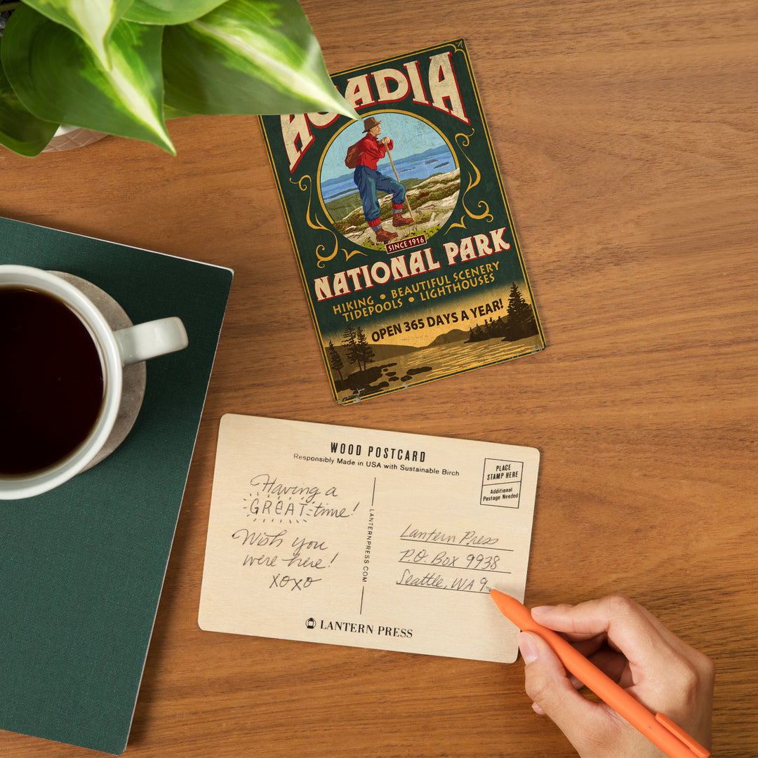 Acadia National Park, Maine, Vintage Hiker Sign, Wood Sign and Postcards