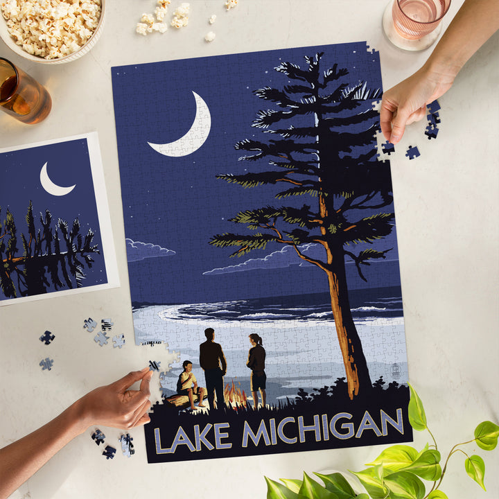 Lake Michigan, Bonfire at Night Scene, Jigsaw Puzzle