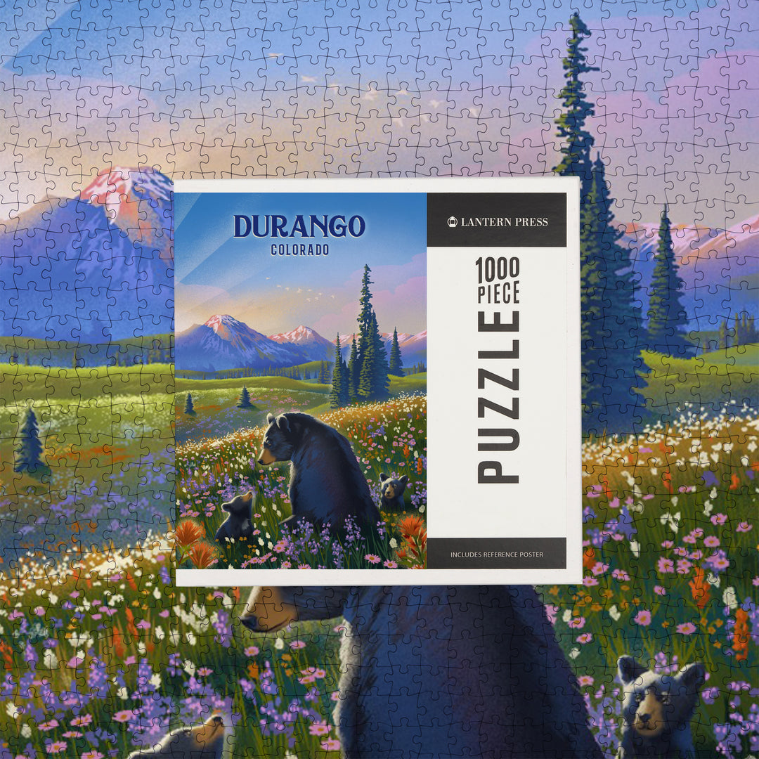 Durango, Colorado, Lithograph, Bear Family in Field, Jigsaw Puzzle