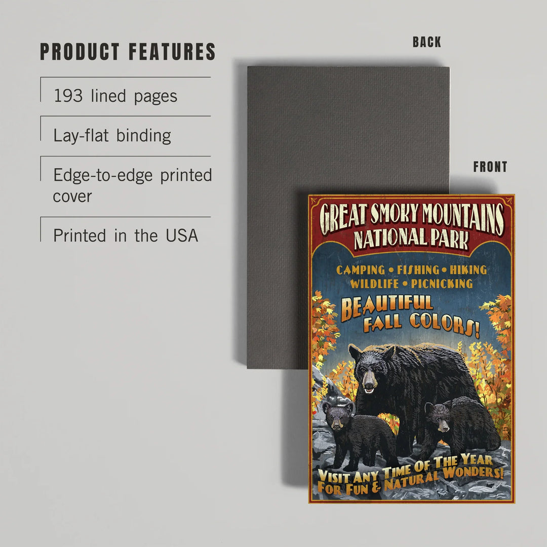 Lined 6x9 Journal, Great Smoky Mountain National Park, Tennessee, Black Bears Vintage Sign, Lay Flat, 193 Pages, FSC paper