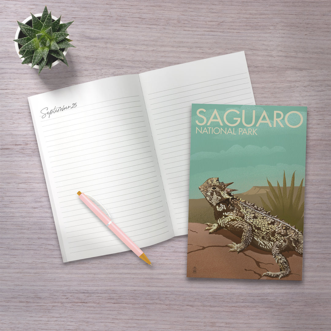Lined 6x9 Journal, Saguaro National Park, Arizona, Horned Lizard, Lithograph, Lay Flat, 193 Pages, FSC paper
