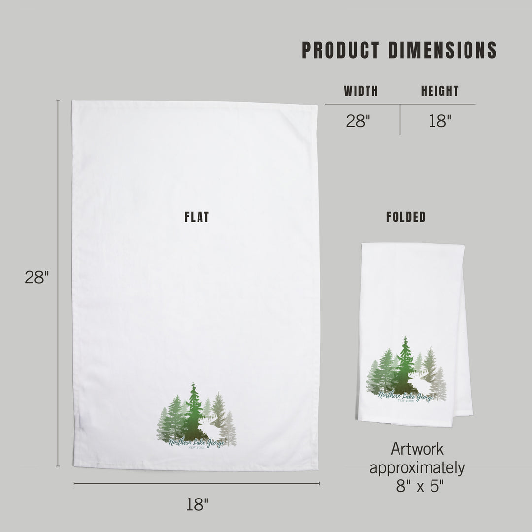 Northern Lake George, New York, Moose and Mountains, Green Tones, Organic Cotton Kitchen Tea Towels