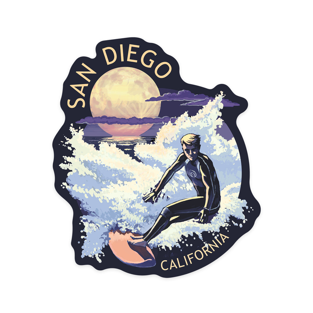 San Diego, California, Night Surfer, Contour, Lantern Press Artwork, Vinyl Sticker