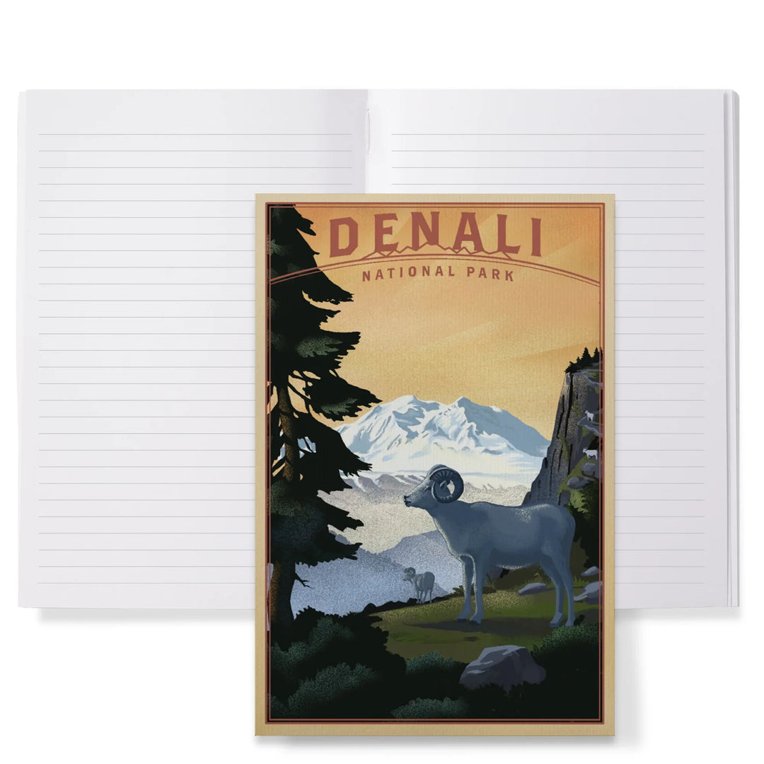Lined 6x9 Journal, Denali National Park, Alaska, Dall Sheep and Mountain, Lithograph National Park Series, Lay Flat, 193 Pages, FSC paper