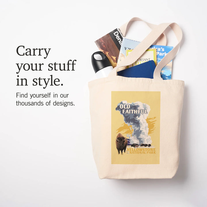 Yellowstone National Park, Wyoming, Old Faithful Geyser, WPA Style,, Tote Bag