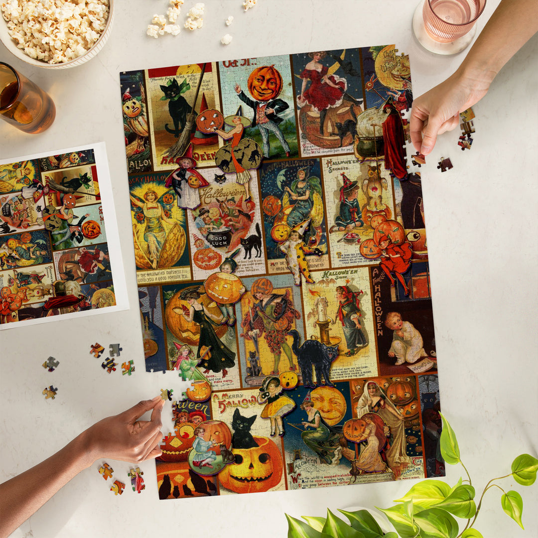 Vintage Halloween Postcard Collage, Jigsaw Puzzle