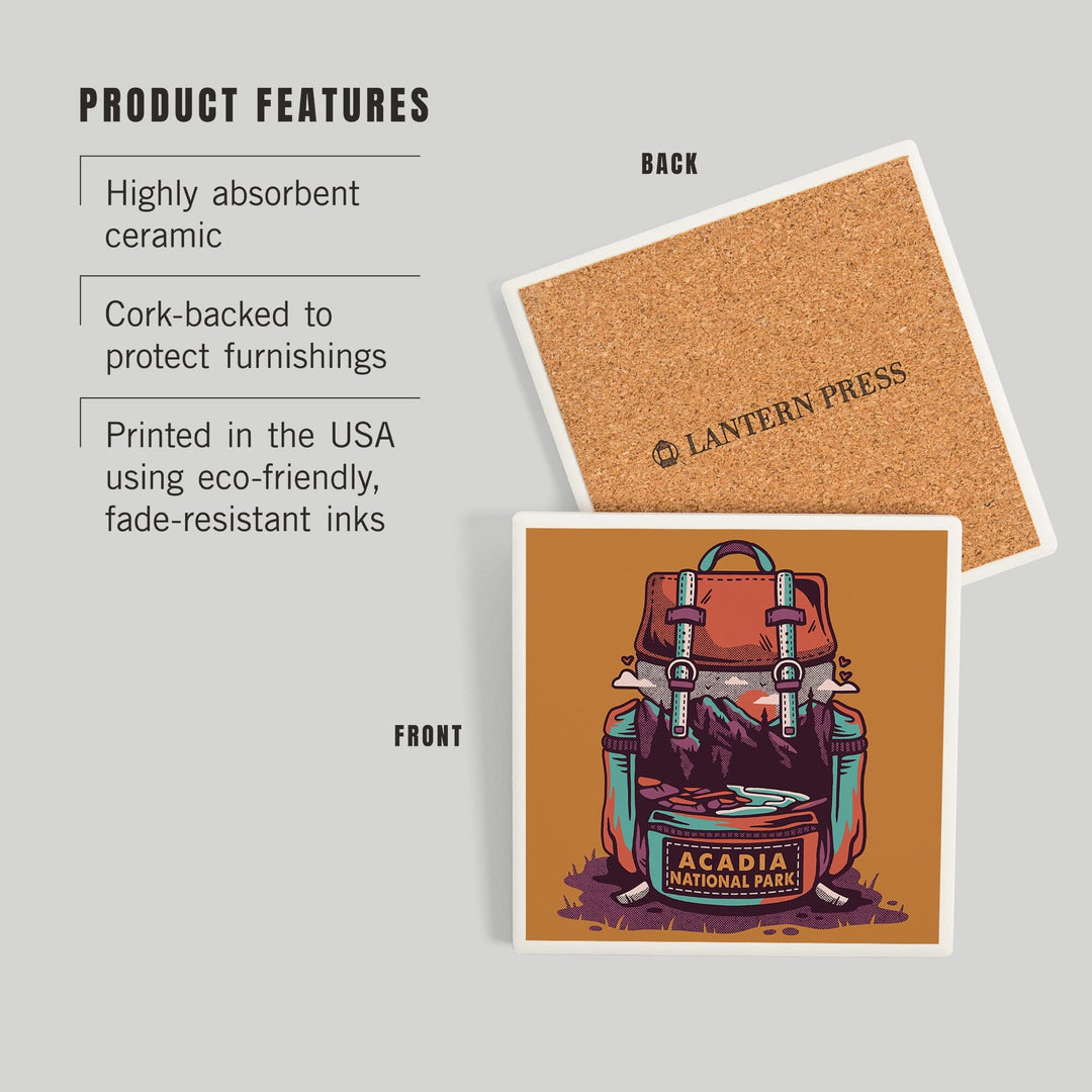 Acadia National Park, Maine, Backpack, Wander More, Distressed Vector, Coasters Coasters Lantern Press 