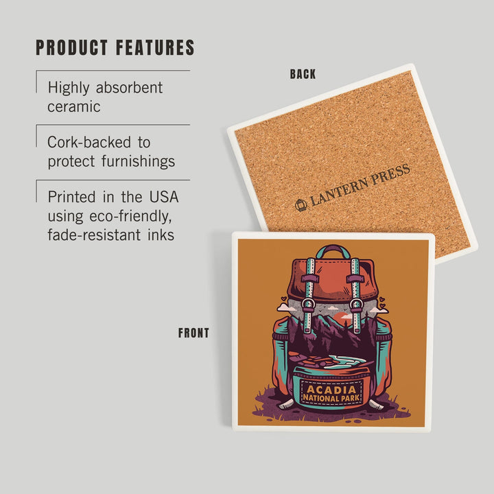 Acadia National Park, Maine, Backpack, Wander More, Distressed Vector, Coasters Coasters Lantern Press 