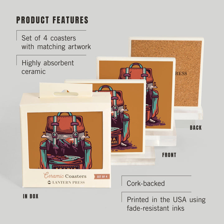 Acadia National Park, Maine, Backpack, Wander More, Distressed Vector, Coasters Coasters Lantern Press 