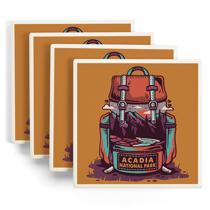 Acadia National Park, Maine, Backpack, Wander More, Distressed Vector, Coasters Coasters Lantern Press 