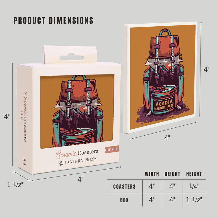 Acadia National Park, Maine, Backpack, Wander More, Distressed Vector, Coasters Coasters Lantern Press 