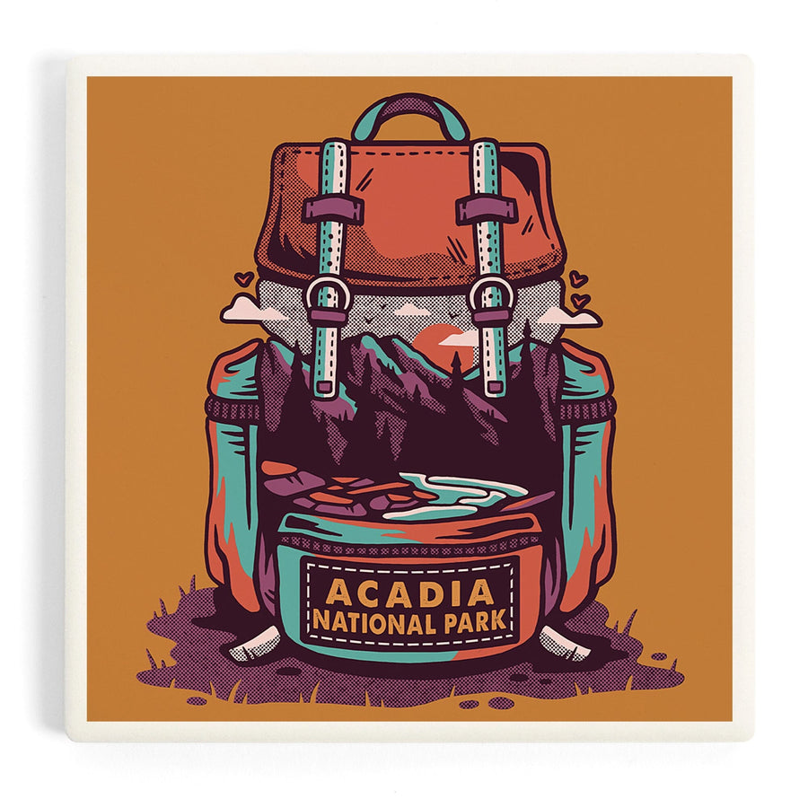 Acadia National Park, Maine, Backpack, Wander More, Distressed Vector, Coasters Coasters Lantern Press 