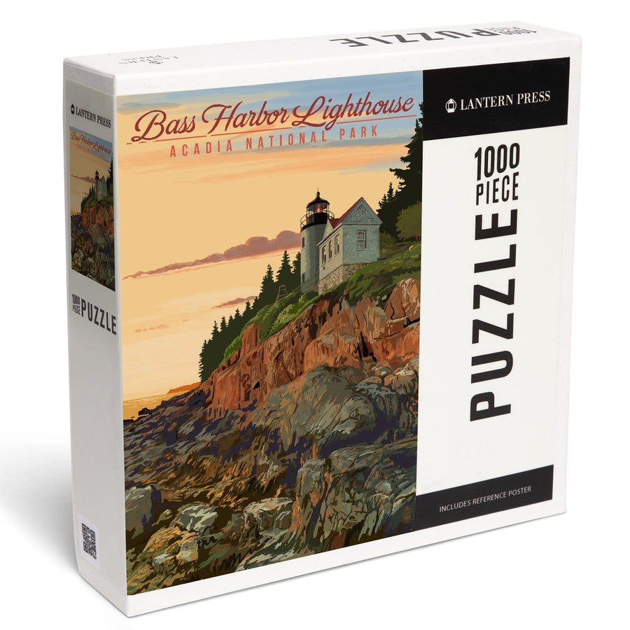 Acadia National Park, Maine, Bass Harbor Lighthouse Illustration, Jigsaw Puzzle Puzzle Lantern Press 