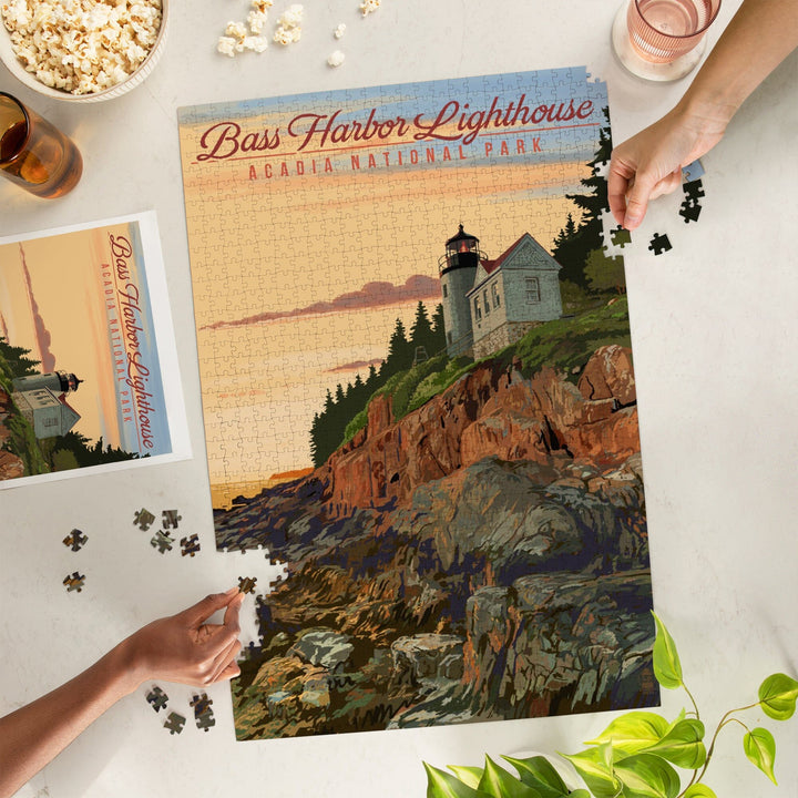 Acadia National Park, Maine, Bass Harbor Lighthouse Illustration, Jigsaw Puzzle Puzzle Lantern Press 