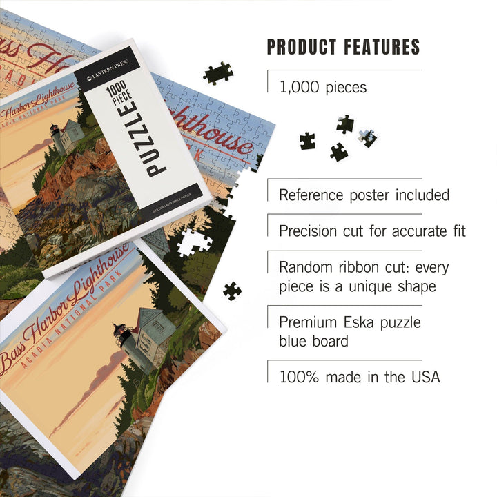 Acadia National Park, Maine, Bass Harbor Lighthouse Illustration, Jigsaw Puzzle Puzzle Lantern Press 