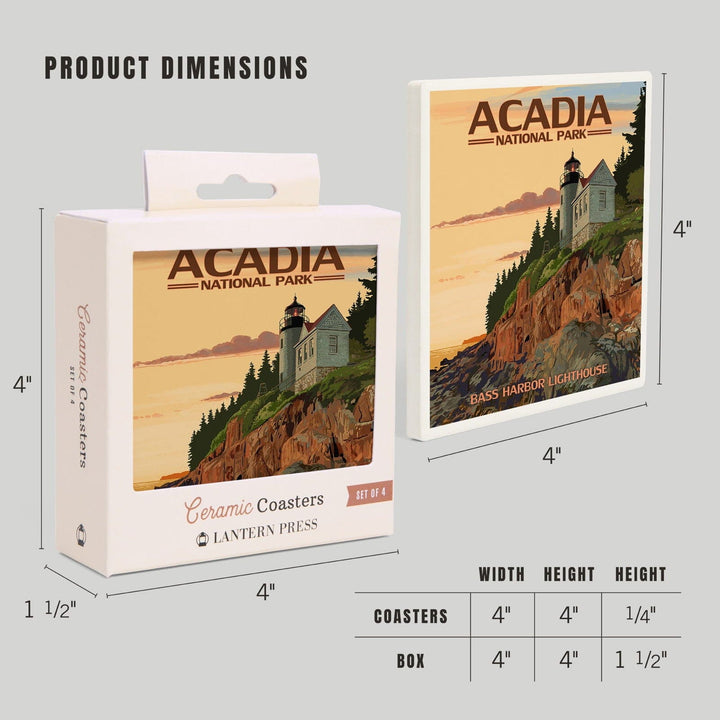 Acadia National Park, Maine, Bass Harbor Lighthouse, Lantern Press Artwork, Coaster Set Coasters Lantern Press 