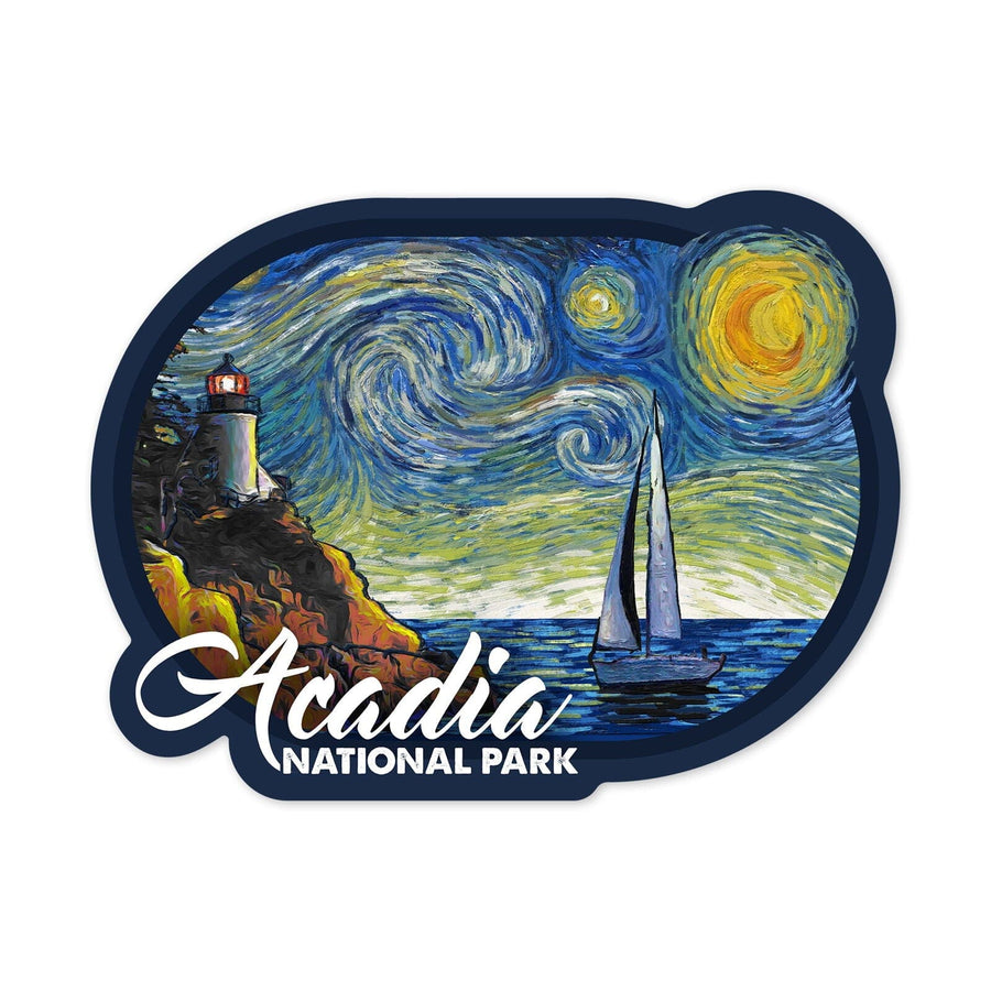 Acadia National Park, Maine, Bass Harbor Lighthouse, Starry Night, Contour, Vinyl Sticker Sticker Lantern Press 