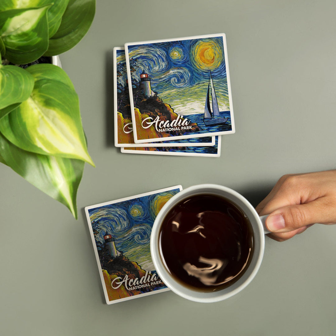 Acadia National Park, Maine, Bass Harbor Lighthouse, Starry Night National Park Series, Coasters Coasters Lantern Press 
