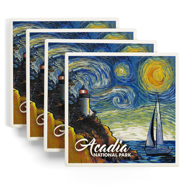 Acadia National Park, Maine, Bass Harbor Lighthouse, Starry Night National Park Series, Coasters Coasters Lantern Press 
