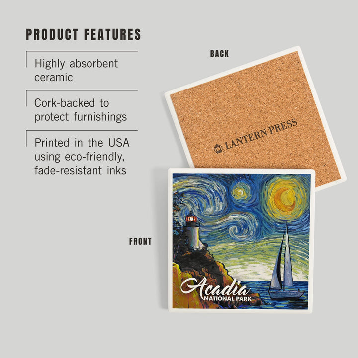 Acadia National Park, Maine, Bass Harbor Lighthouse, Starry Night National Park Series, Coasters Coasters Lantern Press 